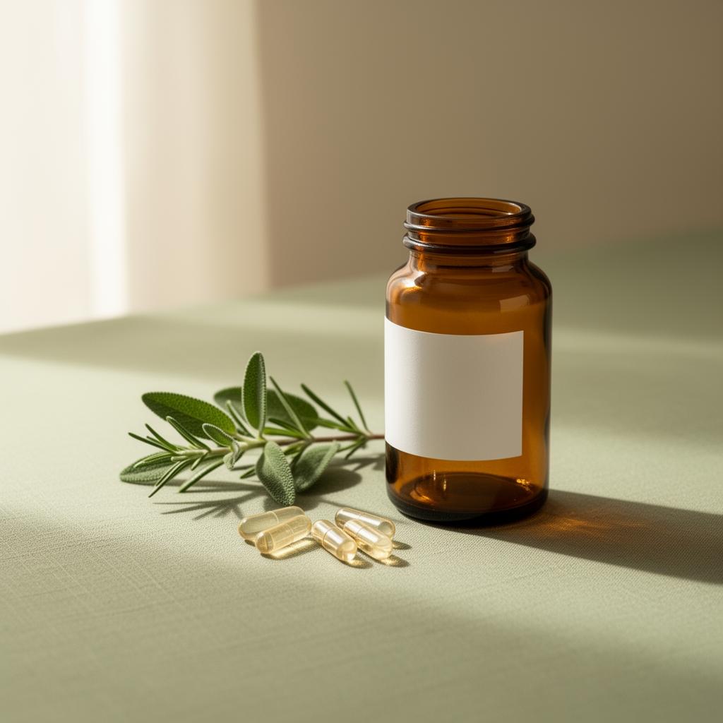 Amber-Glasflakon mit Kapseln und frischen Kräutern auf salbeigrünem Leinen